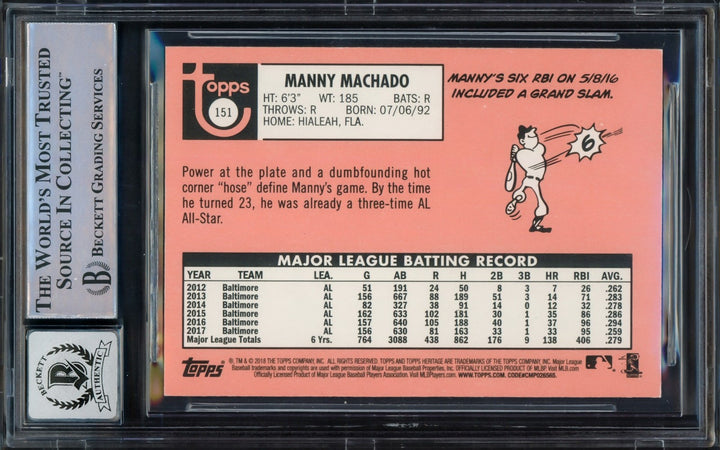 Manny Machado Signed 2018 Topps Heritage Card 151 Orioles Auto GM 10 Beckett