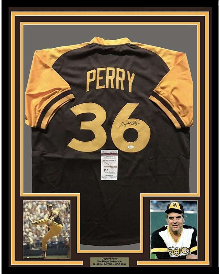 Framed Signed Gaylord Perry 35x39 San Diego Brown Jersey JSA COA
