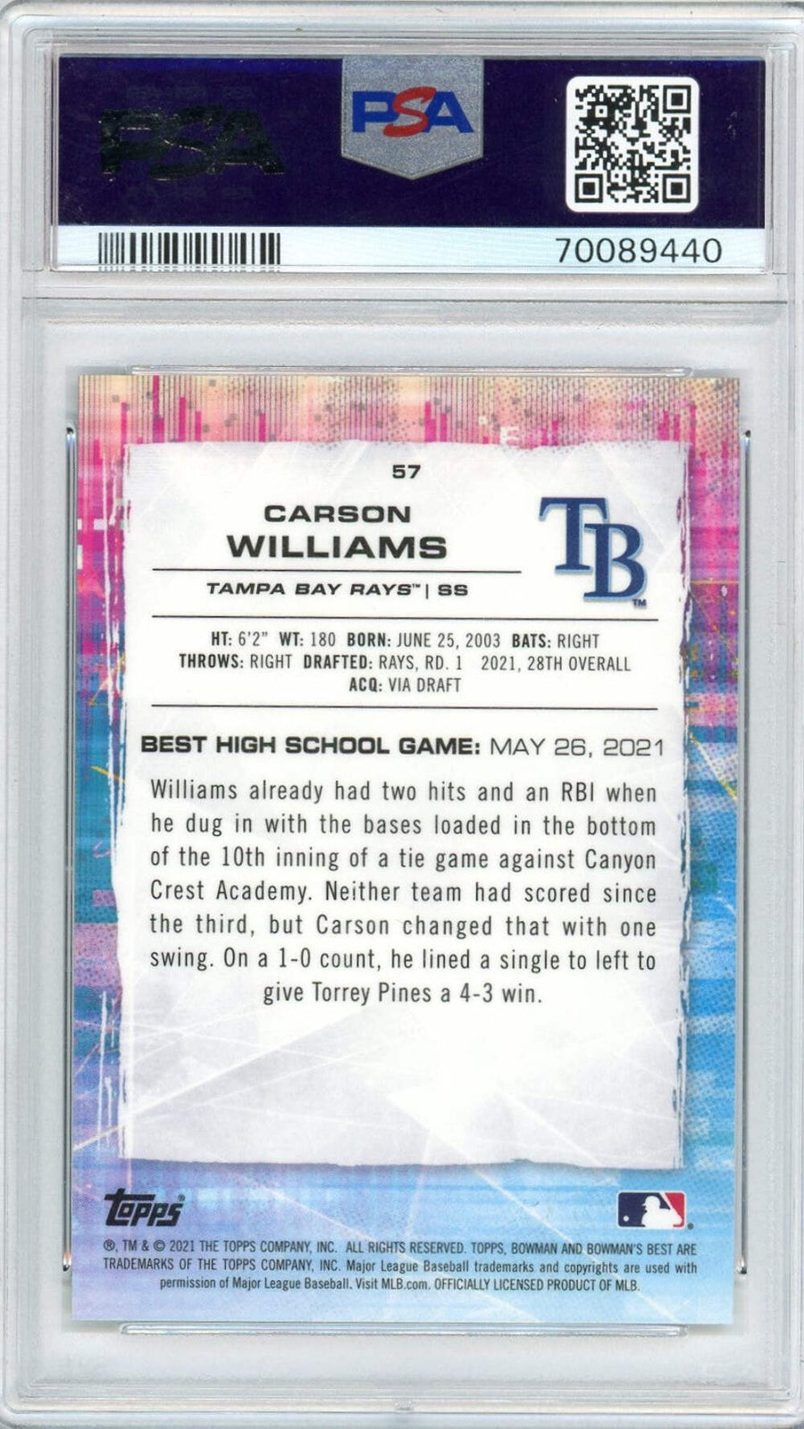 Graded 2021 Bowman Best Carson Williams #57 Aqua Lava #/199 Baseball Card PSA 10
