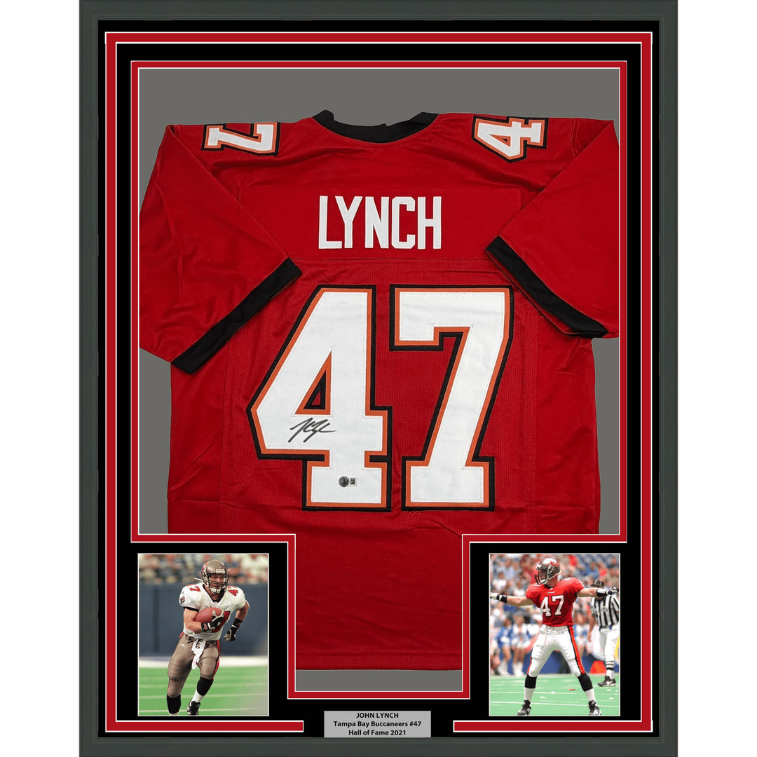 Framed Autographed John Lynch 35x39 Tampa Bay Red Football Jersey BAS COA