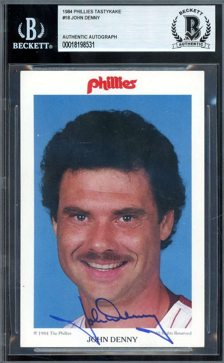 John Denny Beckett BAS Signed 1984 Team Issued Photo Phillies Autograph