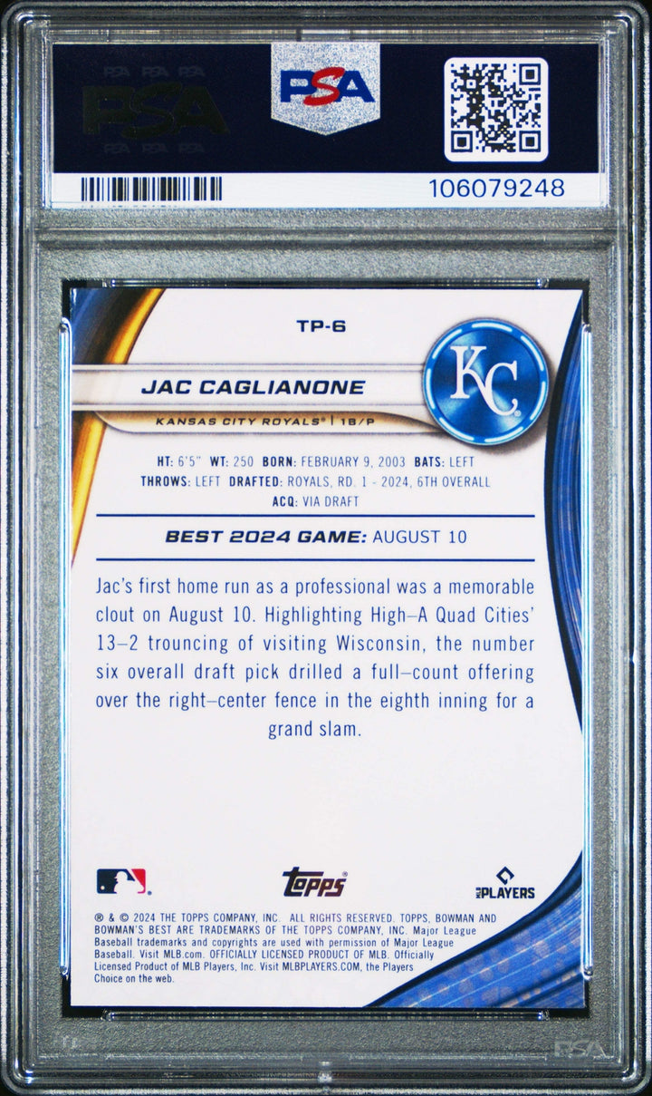 Graded 2024 Topps Bowmans Best Jac Caglianone #TP6 Rookie Baseball Card PSA 10
