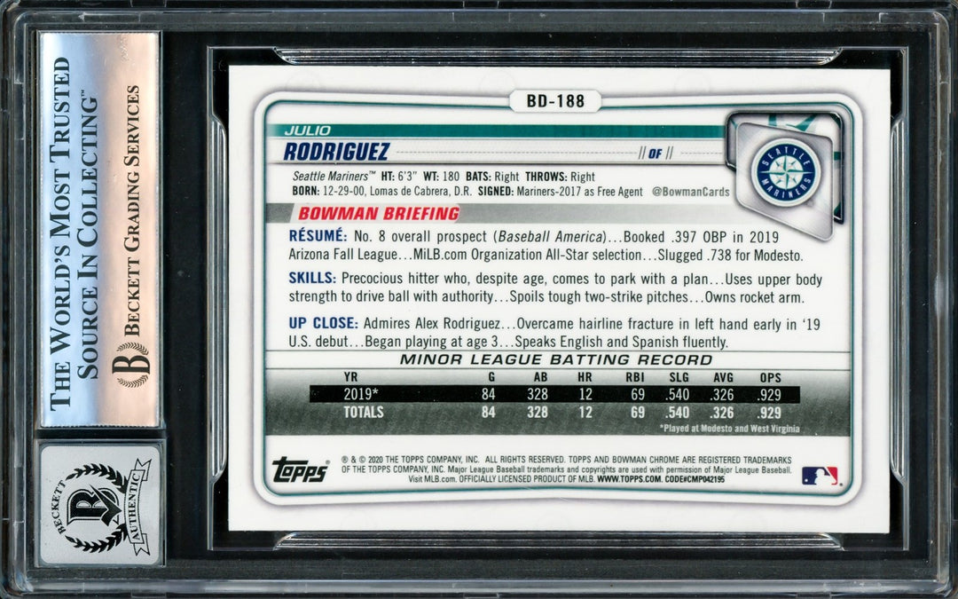 Julio Rodriguez Auto 2020 Bowman Chrome Draft Card BD188 Mariners Sig 10 Beckett
