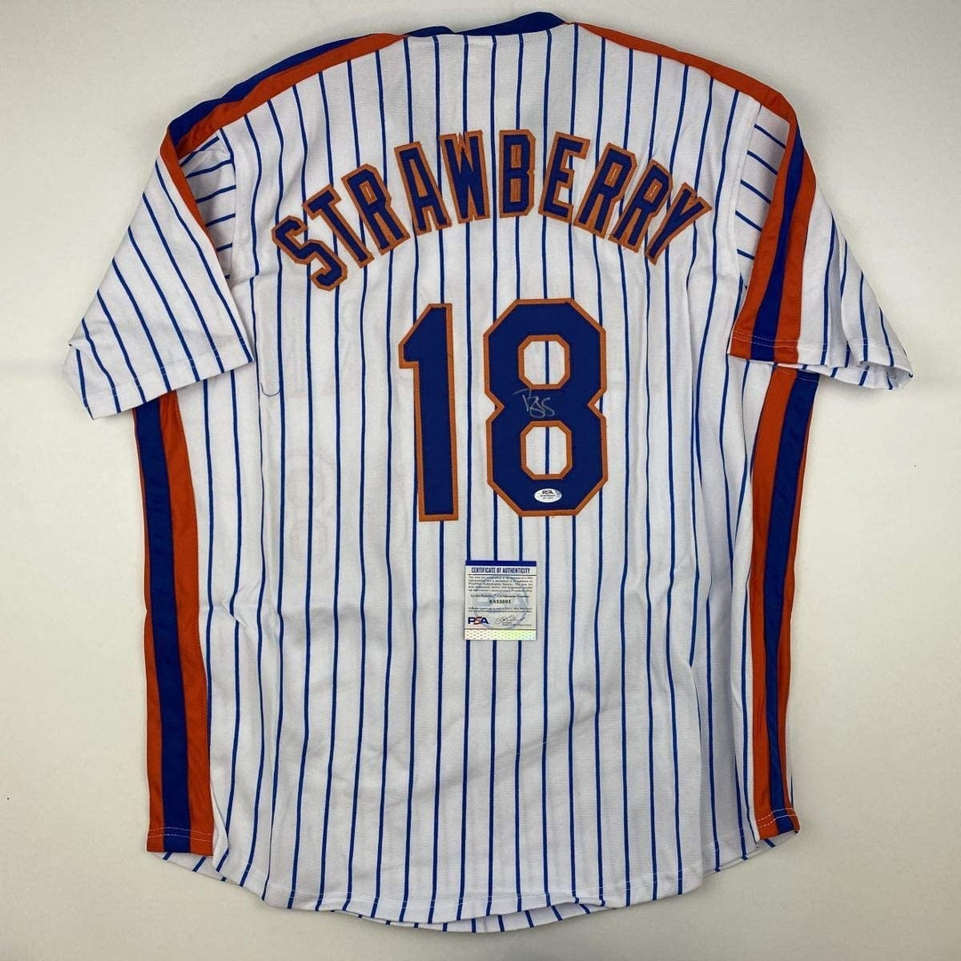 Autographed/Signed DARRYL STRAWBERRY New York Pinstripe Jersey PSA COA