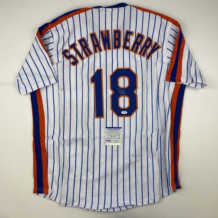 Autographed/Signed DARRYL STRAWBERRY New York Pinstripe Jersey PSA COA