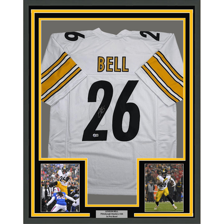Framed Autographed Le'Veon LeVeon Bell 35x39 Pittsburgh White Jersey BAS COA