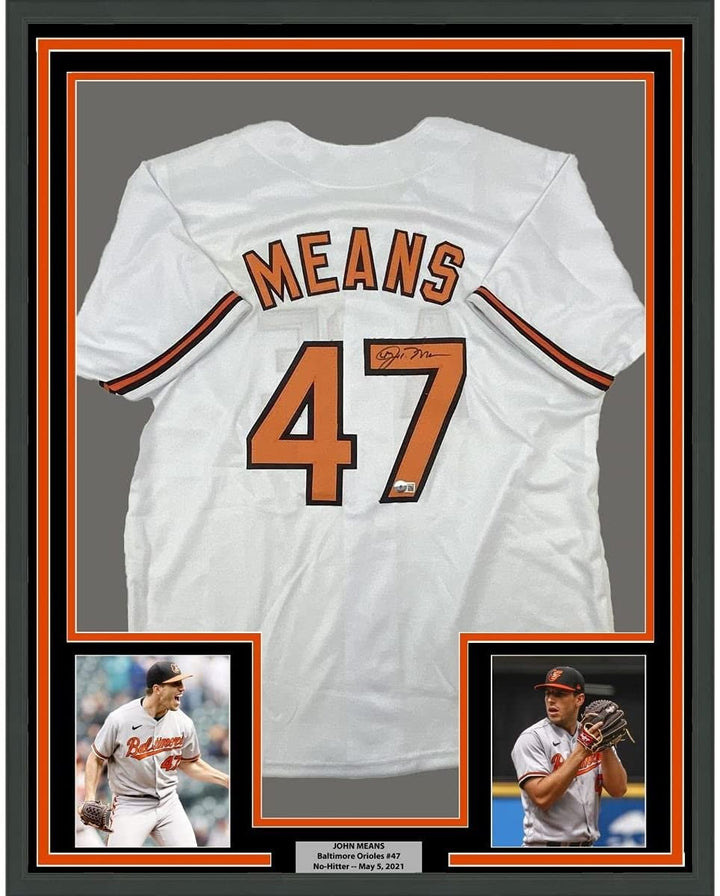 FRAMED Autographed/Signed JOHN MEANS 33x42 Baltimore White Jersey BAS COA
