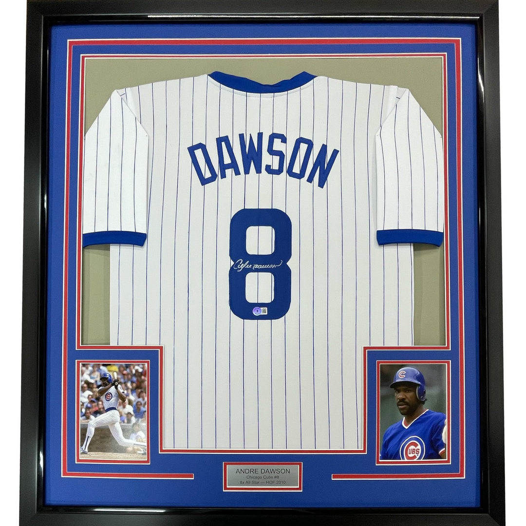 Framed Signed Andre Dawson 35x39 Chicago Pinstripe Jersey JSA COA