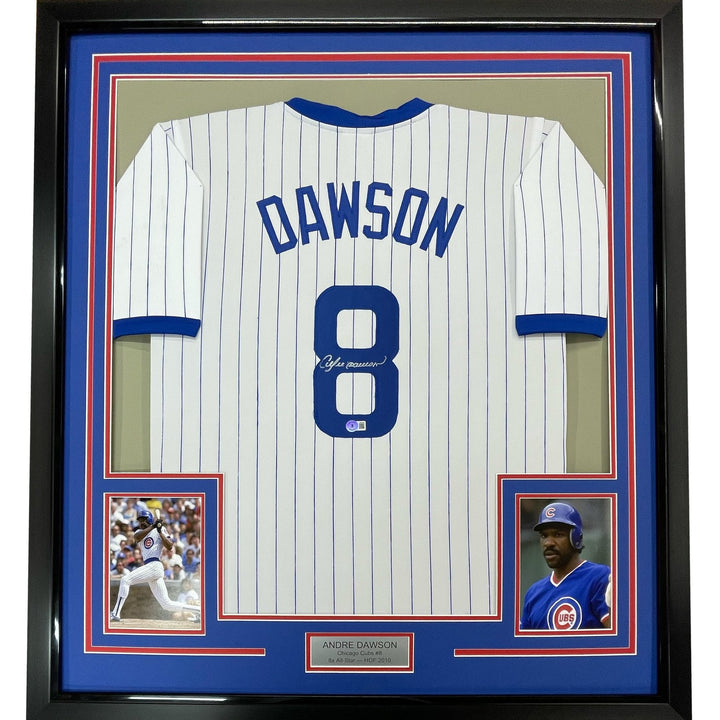 Framed Signed Andre Dawson 35x39 Chicago Pinstripe Jersey JSA COA