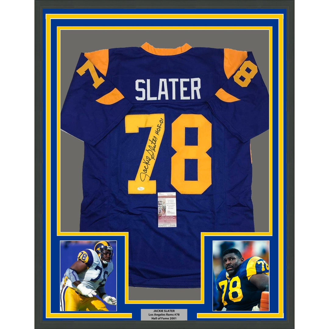 Framed Autographed Jackie Slater 35x39 HOF 01 LA Retro Blue Jersey JSA COA