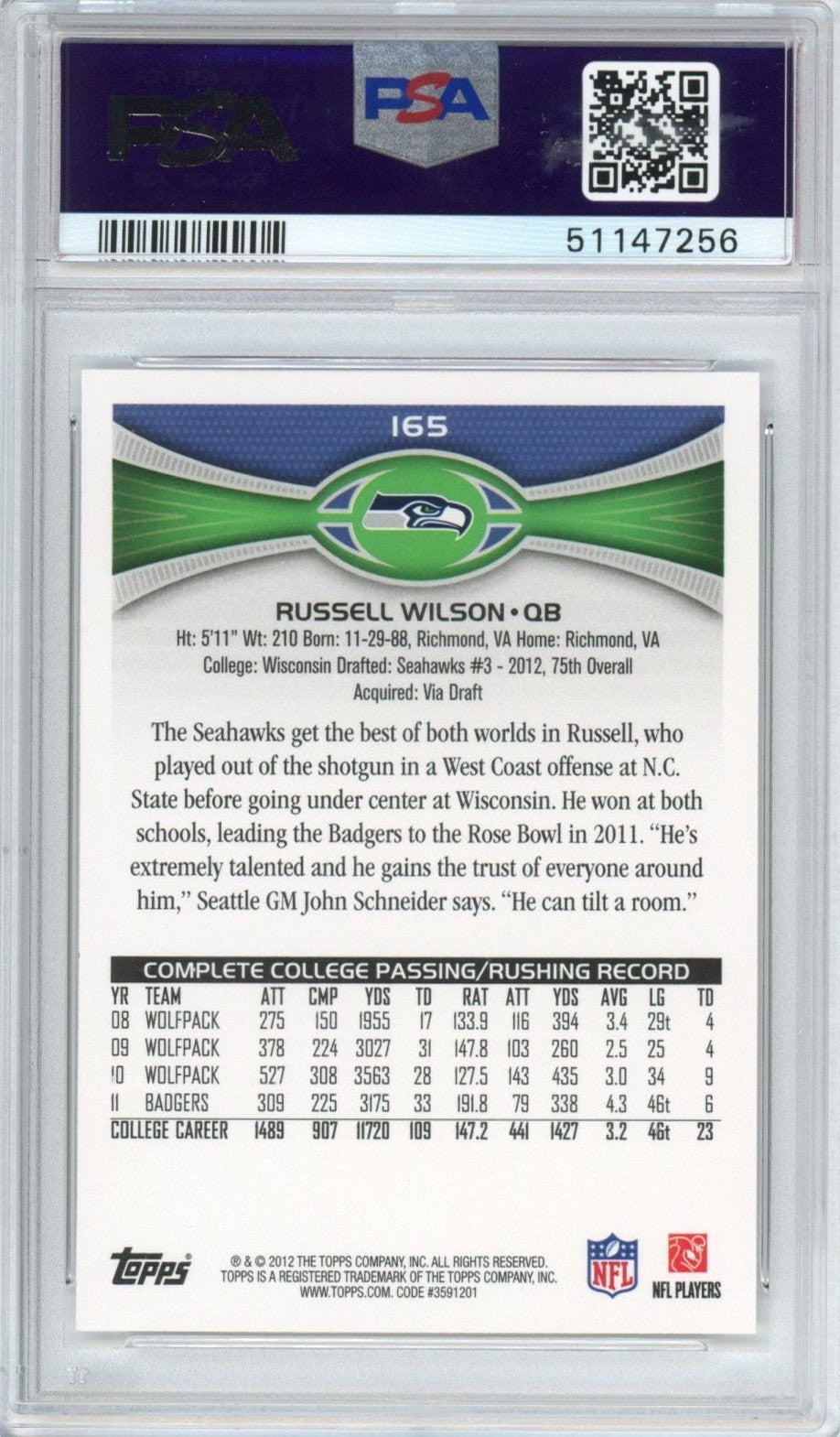 Graded 2012 Topps Russell Wilson #165 Passing Stands Visible RC Card PSA 10