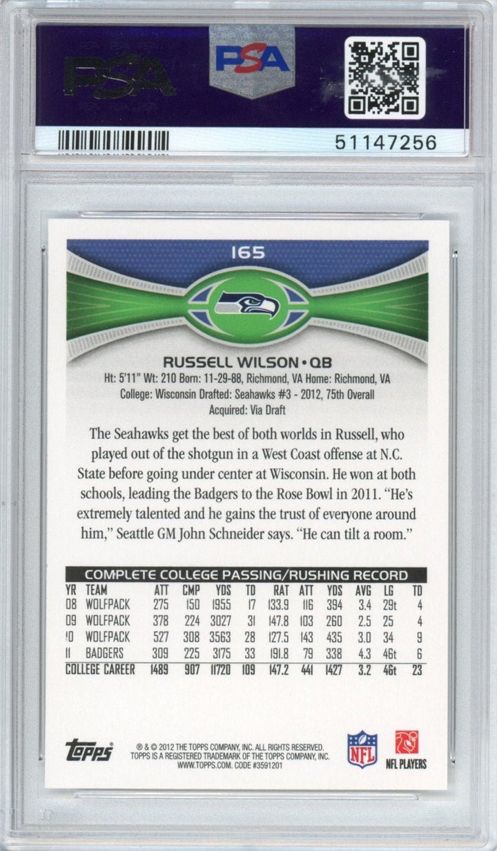 Graded 2012 Topps Russell Wilson #165 Passing Stands Visible RC Card PSA 10
