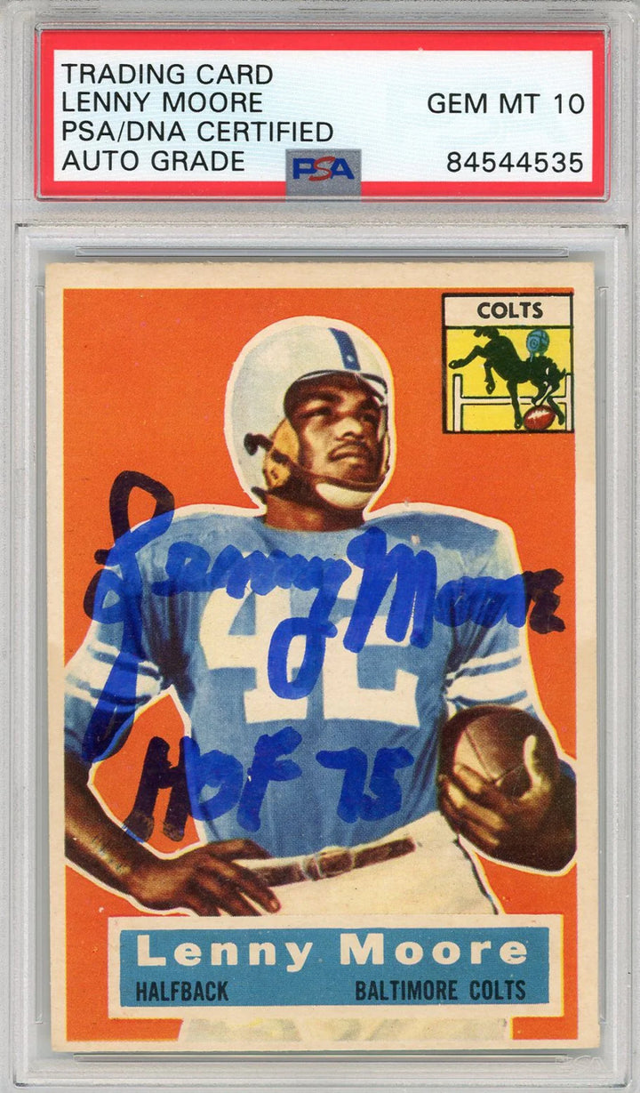 Lenny Moore "HOF 75" Autographed 1956 Topps Card #60 (PSA Auto 10)