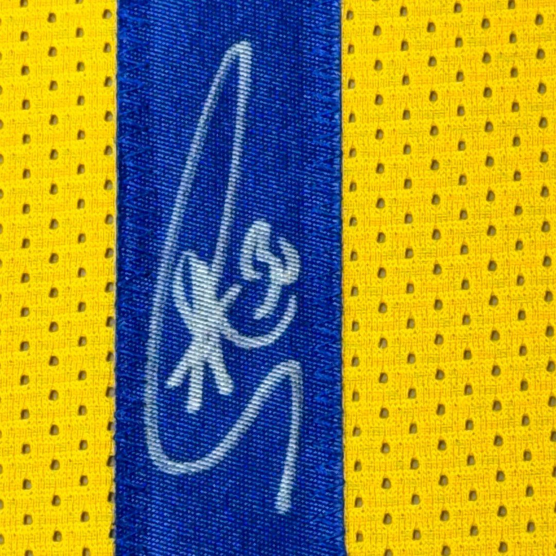 Framed Autographed/Signed Stephen Steph Curry 33x42 Yellow Jersey JSA COA