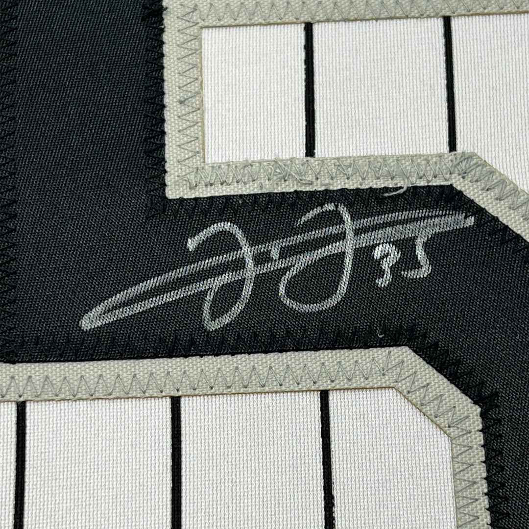 Framed Signed Frank Thomas 35x39 Chicago Pinstripe Jersey JSA COA