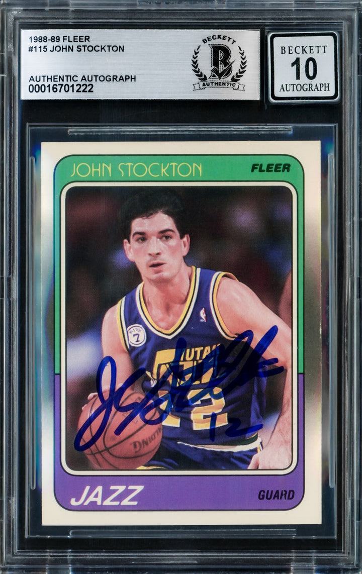 John Stockton Signed 1988-89 Fleer RC 115 Utah Jazz Auto GM 10 Beckett