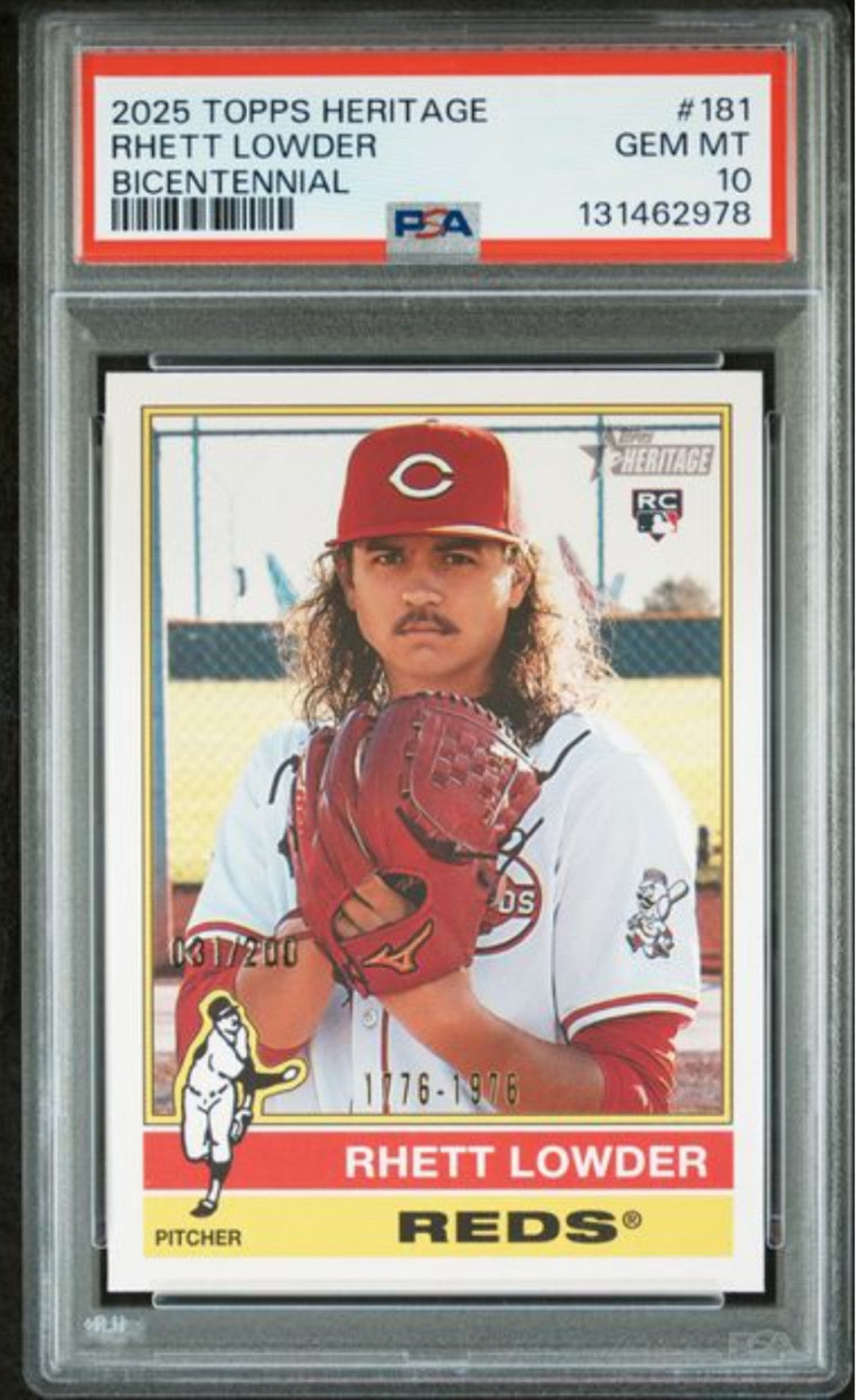 Graded 2025 Topps Heritage Rhett Lowder #181 Bicentennial /200 RC Card PSA 10