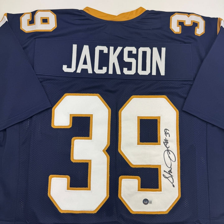 Autographed/Signed Steven Jackson St. Louis Blue Football Jersey BAS COA