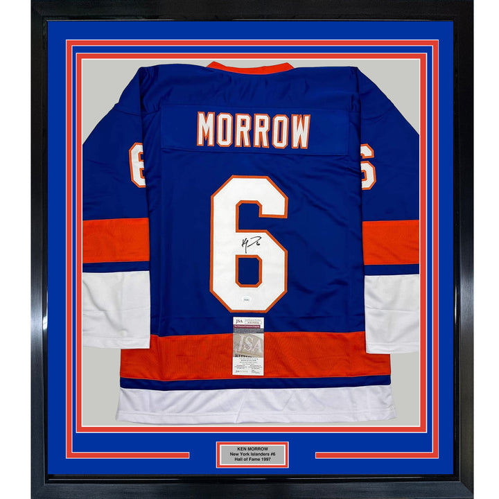 Framed Autographed/Signed Ken Morrow 35x39 New York Blue Hockey Jersey JSA COA