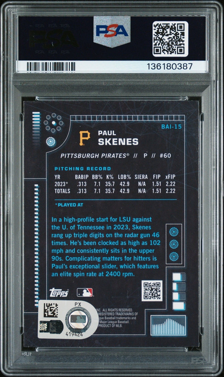 Graded 2024 Topps Bowman Paul Skenes #BAI15 AI RC Card PSA Authentic Auto