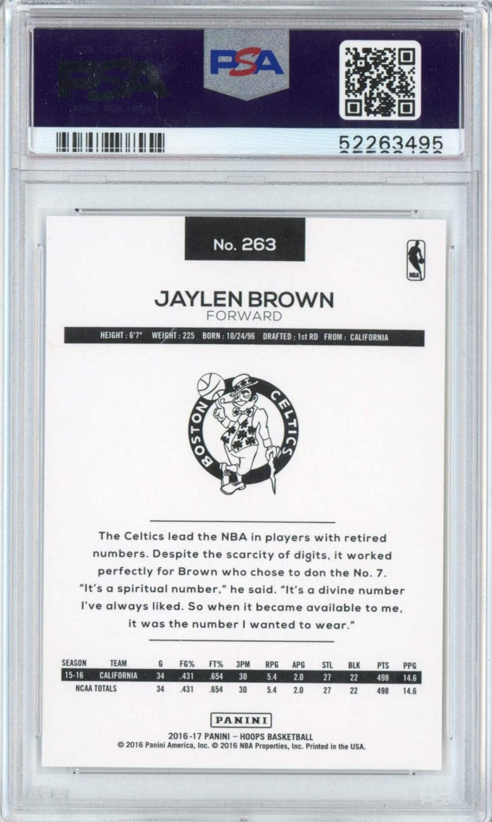 Graded 2016-17 Panini Hoops Jaylen Brown #263 Rookie RC Basketball Card PSA 10