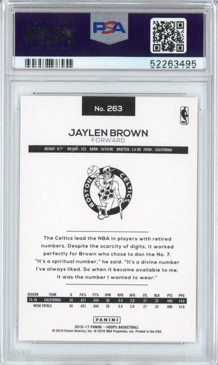 Graded 2016-17 Panini Hoops Jaylen Brown #263 Rookie RC Basketball Card PSA 10