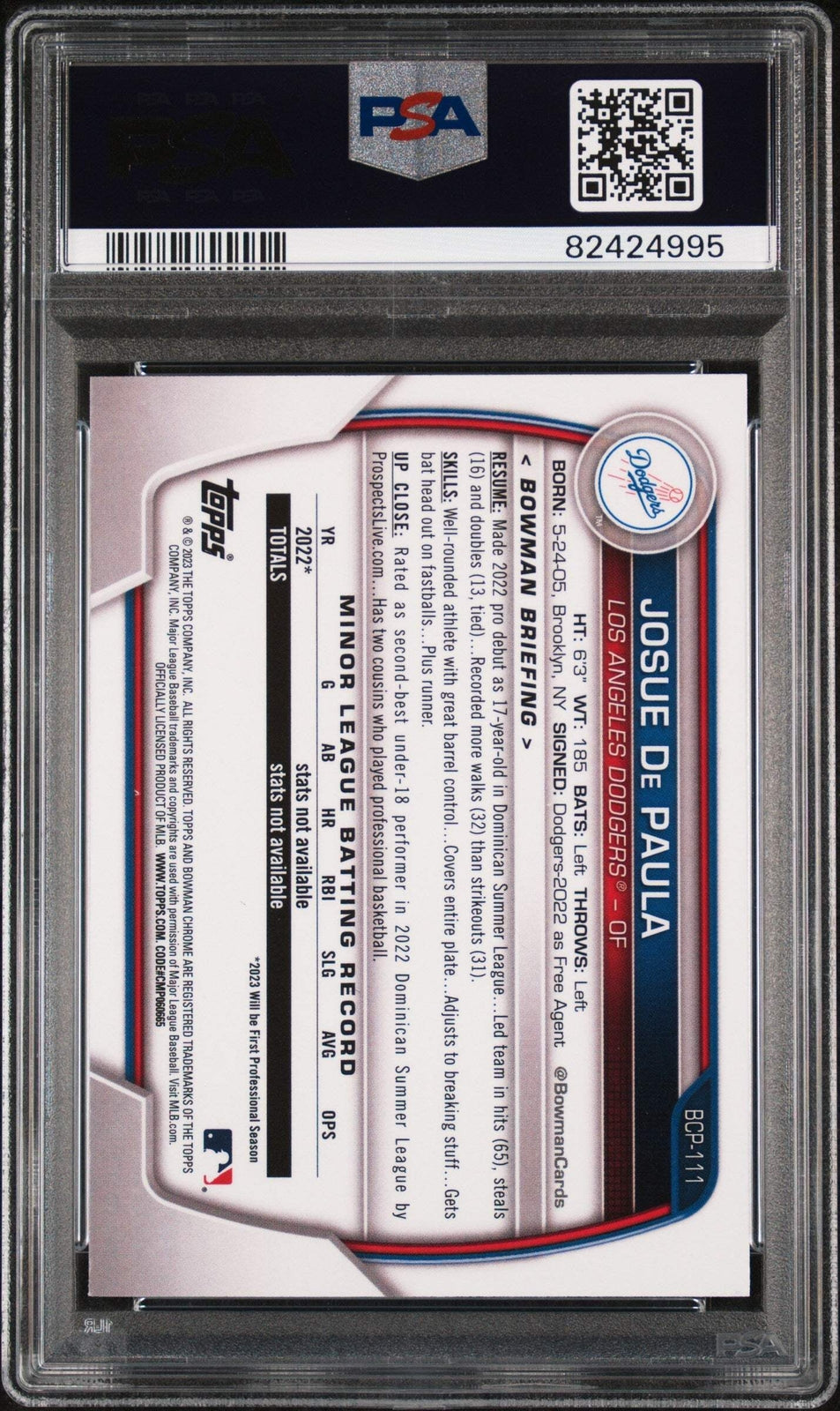 Graded 2023 Bowman Josue De Paula #BCP111 Chrome Prospects Baseball Card PSA 10