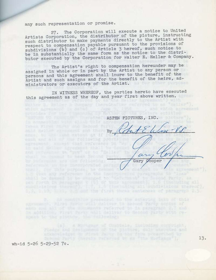 Gary Cooper Robert Wise JSA Signed 1952 Aspen Pictures Return Paradise Contract