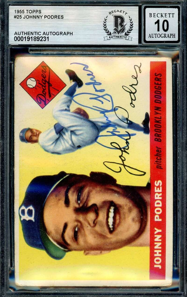 Johnny Podres Gem Mint 10 Beckett BAS Signed 1955 Topps Autograph