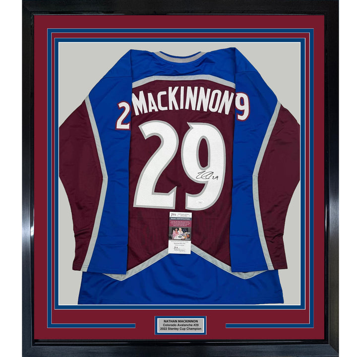 Framed Autographed/Signed Nathan MacKinnon 35x39 Colorado Maroon Jersey JSA COA