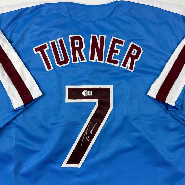 Autographed/Signed Trea Turner Philadelphia Blue Retro Jersey Beckett COA