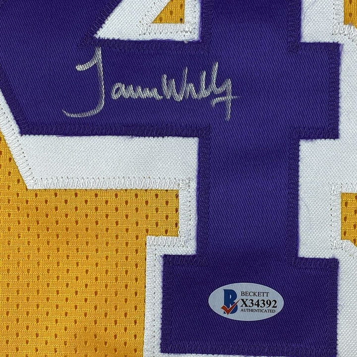 Framed Signed James Worthy 35x39 Los Angeles LA Yellow Jersey BAS COA