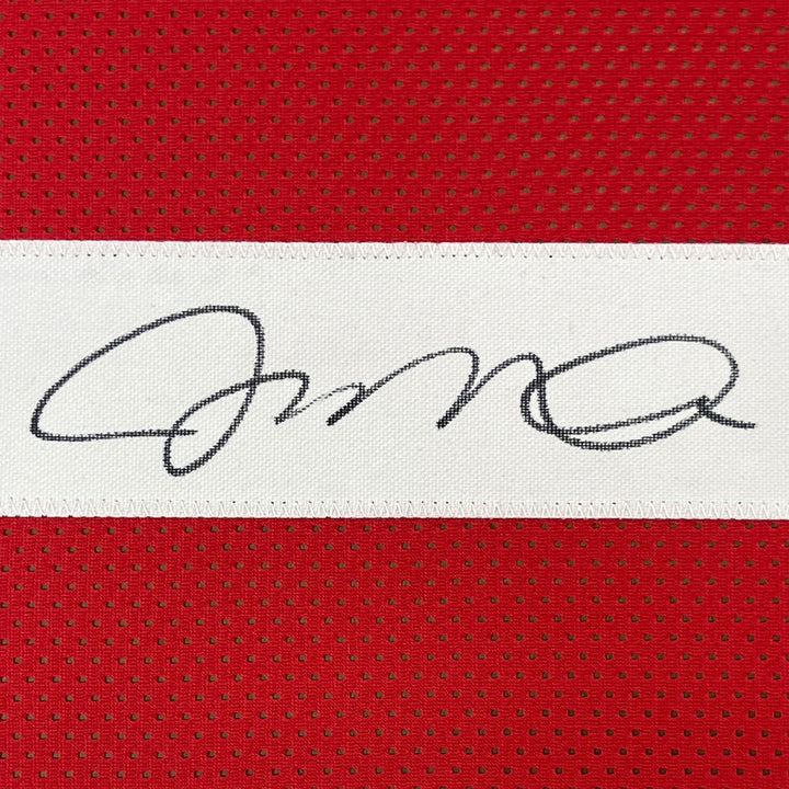 FRAMED Autographed/Signed JOE MONTANA 33x42 San Francisco Red Jersey JSA COA