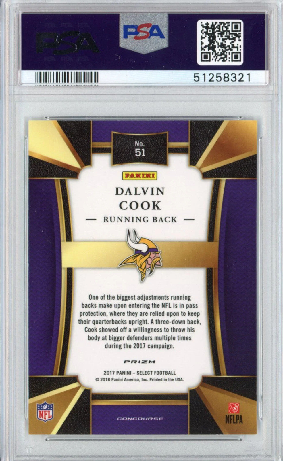 Graded 2017 Panini Select Dalvin Cook #51 Rookie RC Football Card PSA 10 Mint