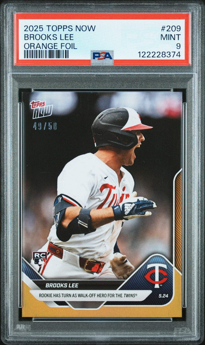 Graded 2025 Topps Now Brooks Lee #209 Orange Foil /25 Rookie Baseball Card PSA 9