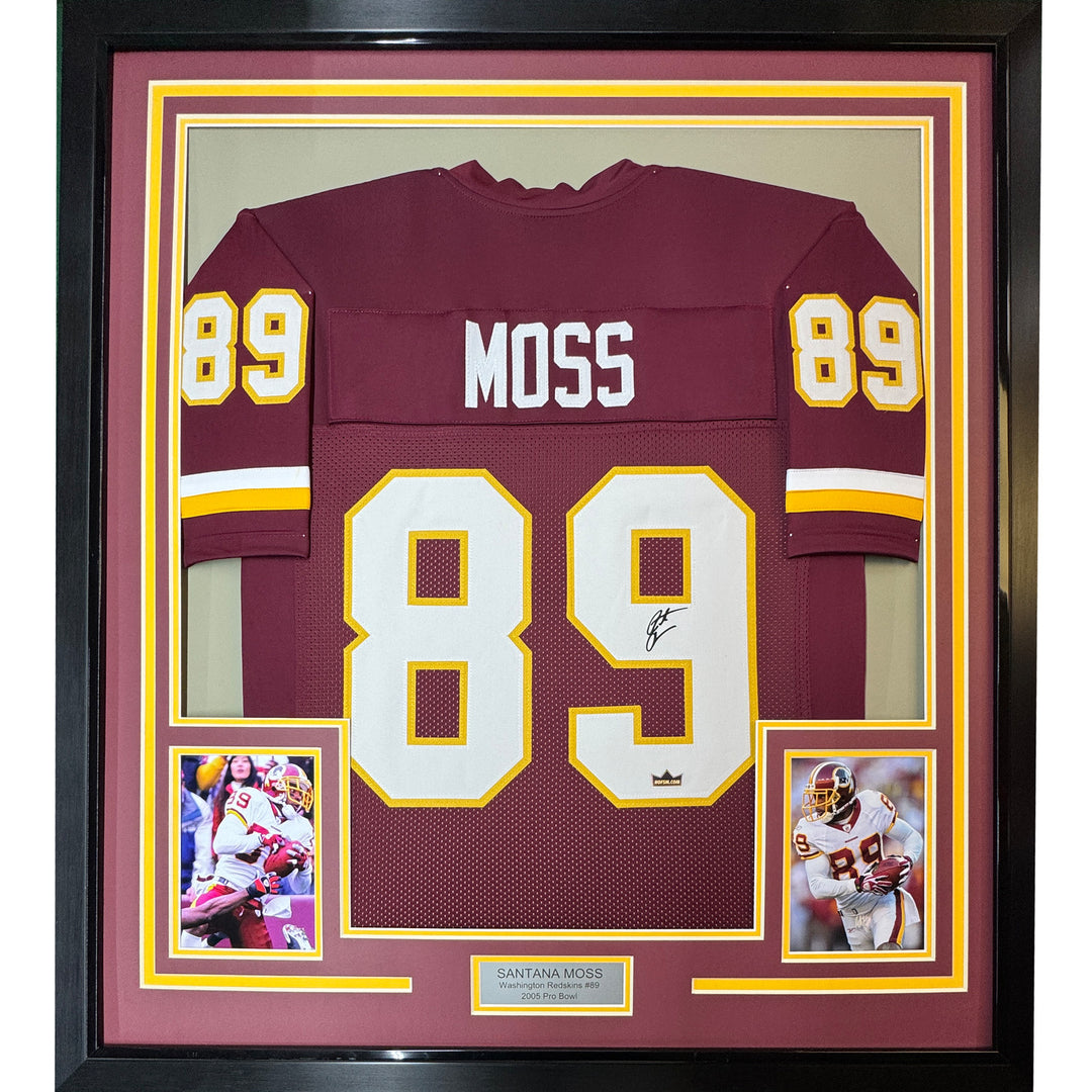 Framed Facsimile Autographed Santana Moss 33x42 Red Reprint Laser Auto Jersey