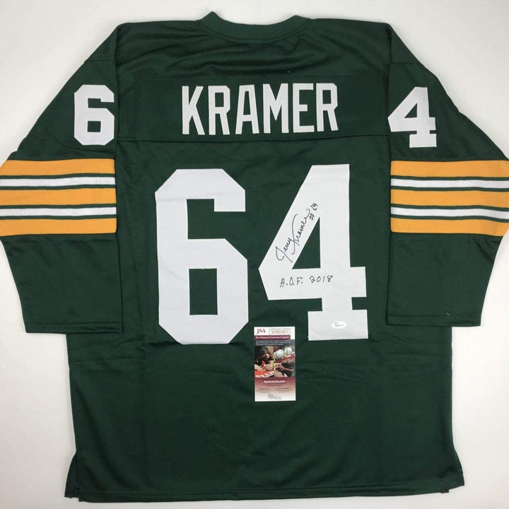 Autographed/Signed JERRY KRAMER HOF 18 Green Bay Green Football Jersey JSA COA