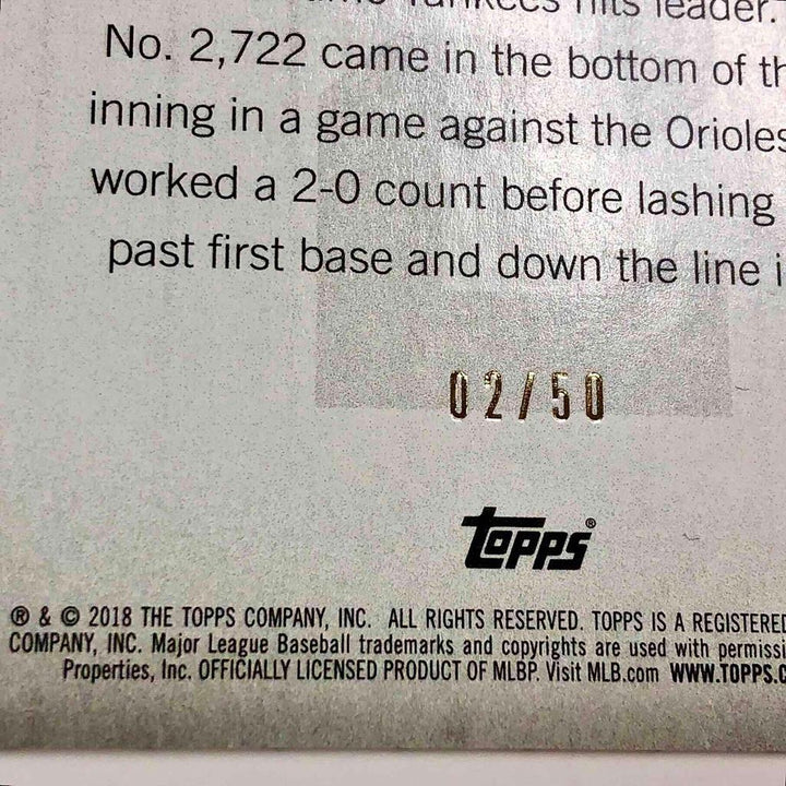 2018 Topps Derek Jeter Career Highlights DJH-8 Gold #2/50 = Jersey #2 ~ 1/1