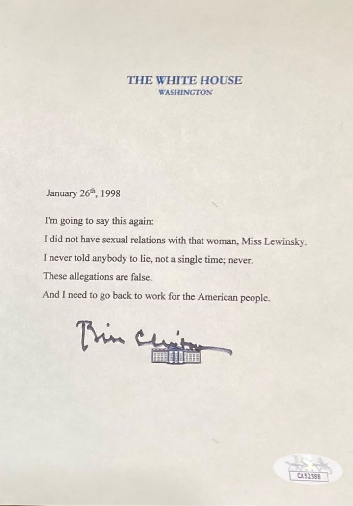 Bill Clinton Signed on Bottom Mock White House Logo Statement Lewinsky JSA