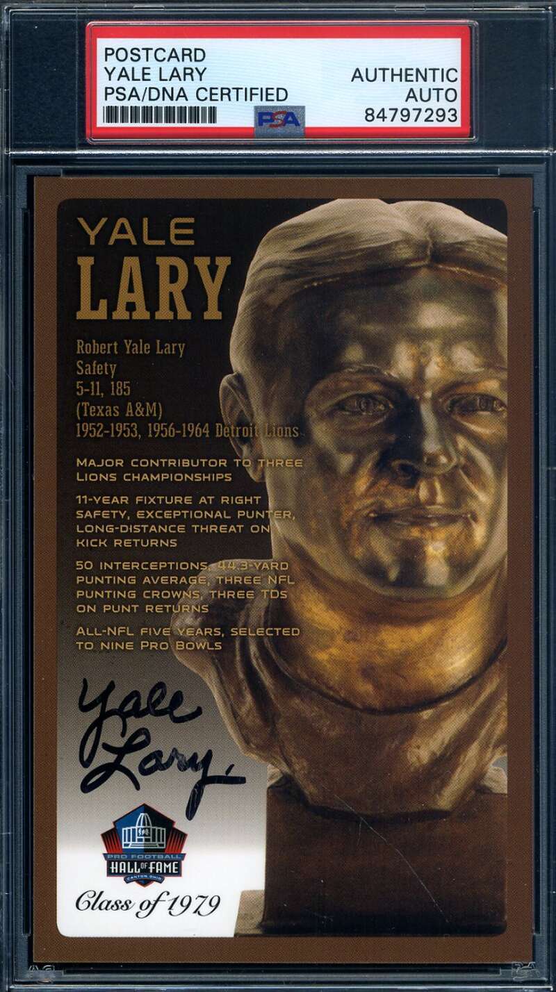 Yale Lary PSA DNA Signed Hall of Fame Bronze Bust Postcard Autograph