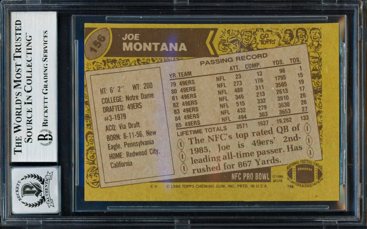 Joe Montana Signed 1986 Topps Card 156 San Francisco 49ers Auto GM 10 Beckett