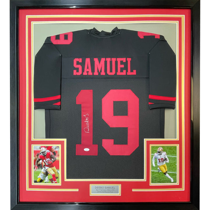 FRAMED Autographed/Signed DEEBO SAMUEL 33x42 San Francisco Black Jersey JSA COA
