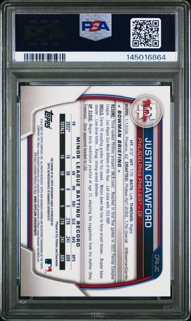 Graded 2023 Bowman Chrome Justin Crawford CPAJC Prospect Auto RC Card PSA 9