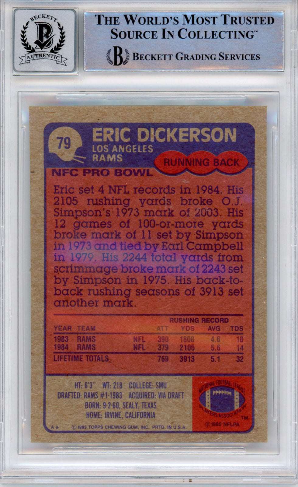 Eric Dickerson Autographed 1985 Topps #79 Trading Card HOF Beckett Slab 39223