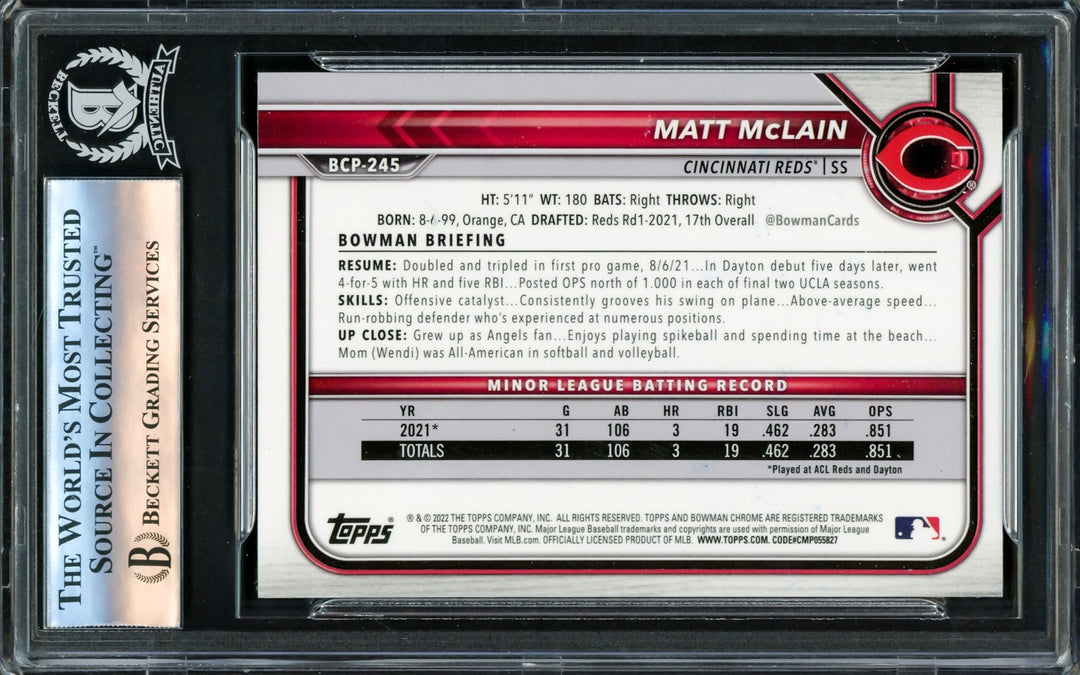 Matt McLain Signed 2022 1st Bowman Chrome RC BCP245 Cincinnati Reds Beckett
