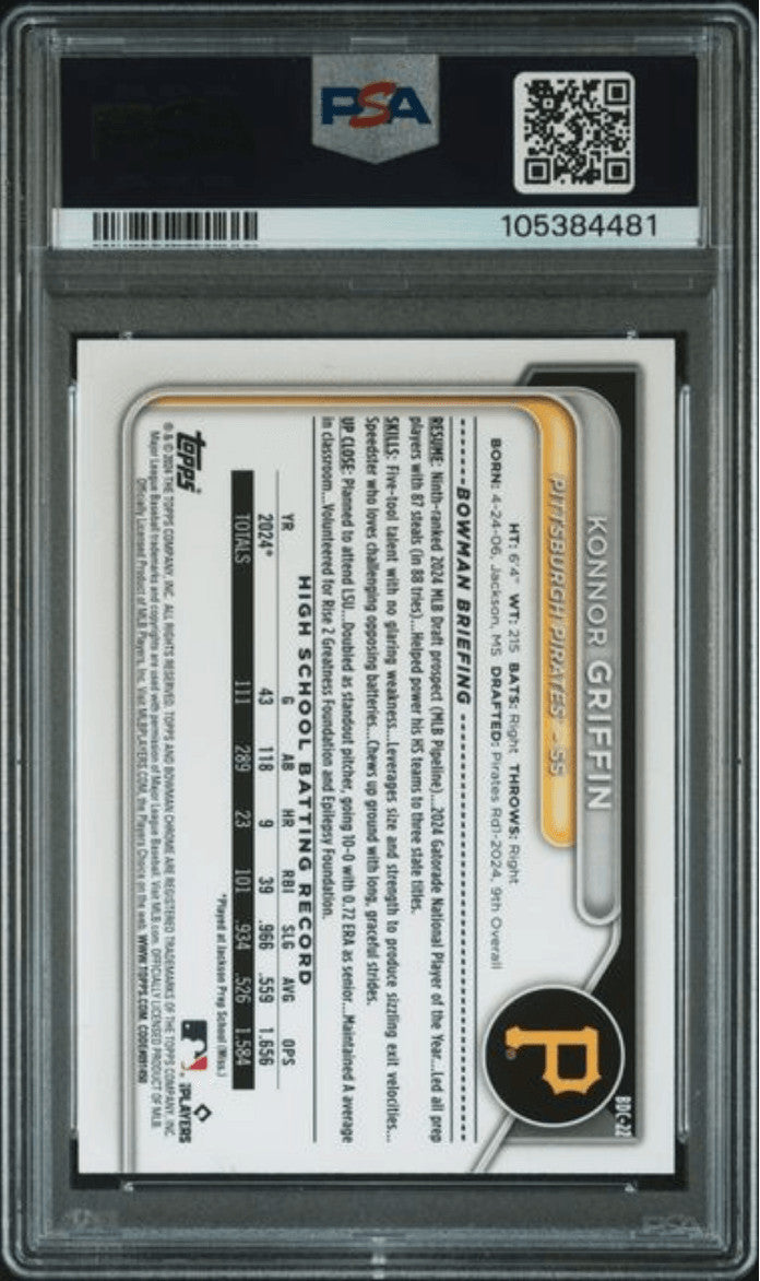 Graded 2024 Bowman Draft Konnor Griffin #BDC22 Chrome RC Baseball Card PSA 9