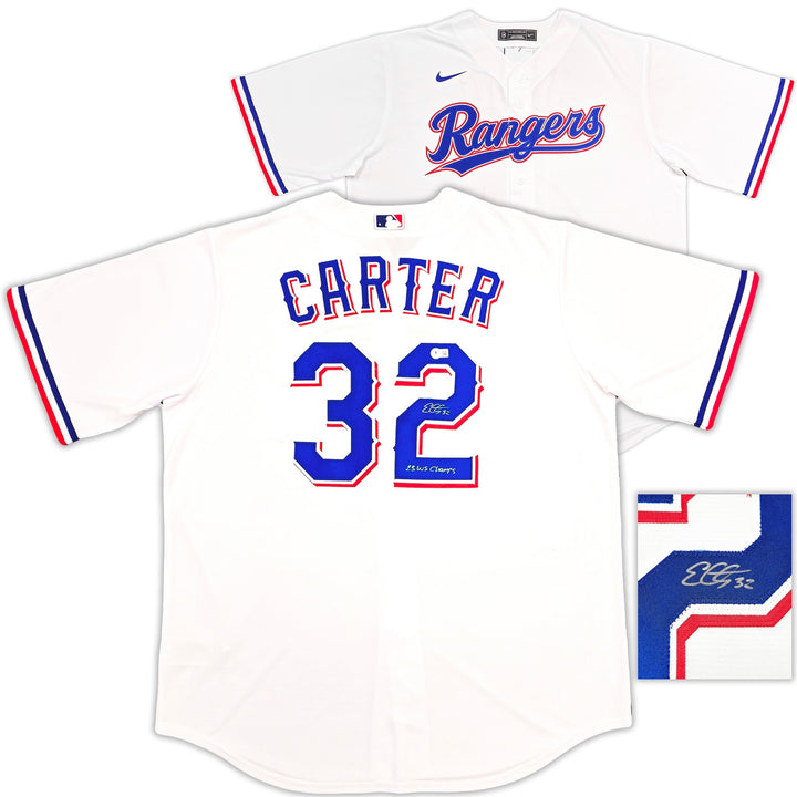 Rangers Evan Carter Signed White Nike Jersey Size XLT "23 WS Champs" Beckett Wit