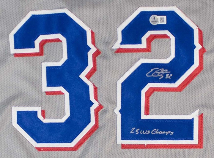 Evan Carter Texas Signed Gray Baseball Jersey 23 WS Champs BAS