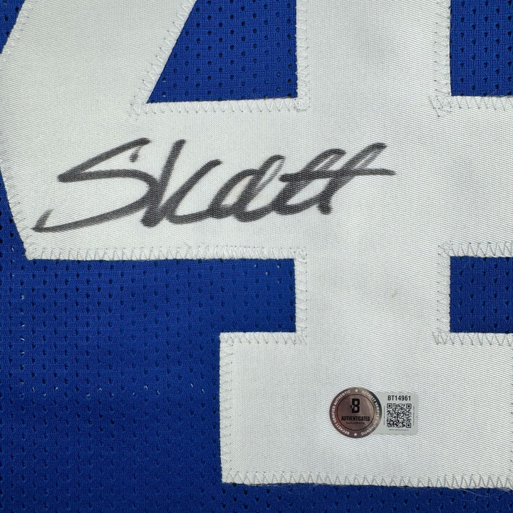 Autographed/Signed Cam Skattebo New York Blue Football Jersey BAS COA