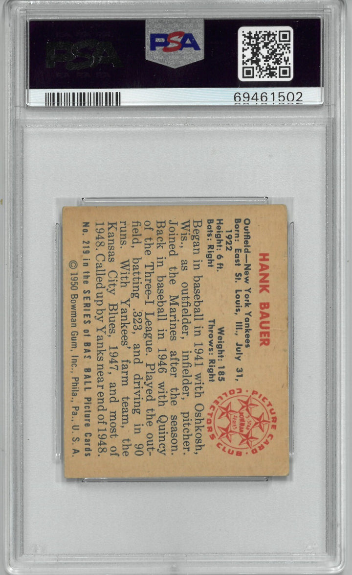 Hank Bauer 1950 Bowman Baseball Card #219 -  PSA Graded 3 VG (New York Yankees)